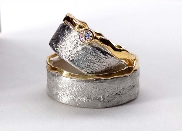 Eheringe Silber, Goldringe, Diamant, einzigartige Struktur